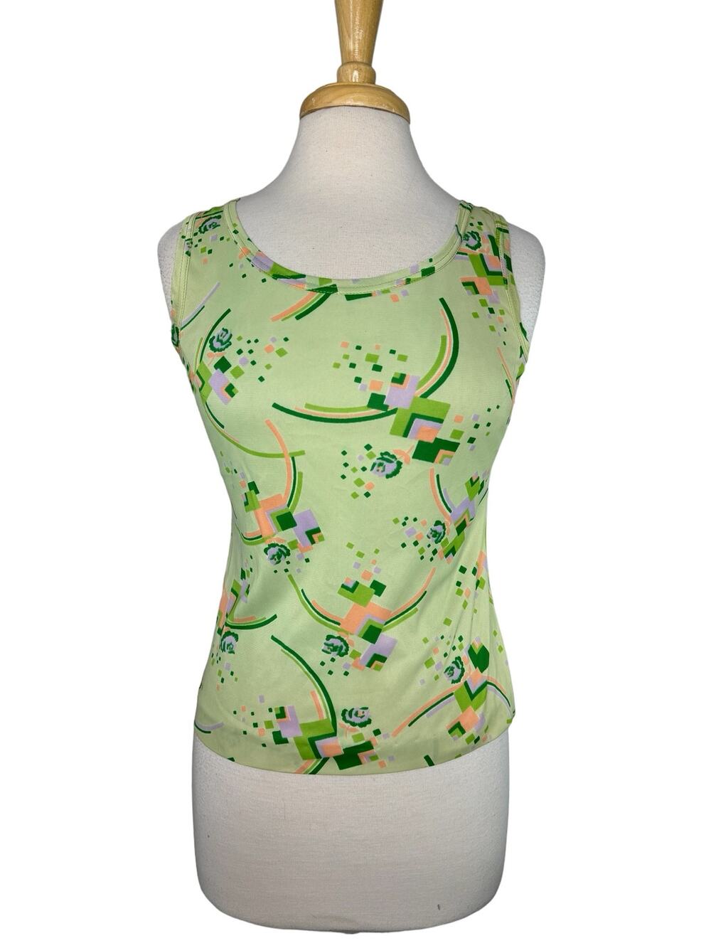 Vintage 60s Mod Green Geometric Print Triacetate Tank Top Size Medium JC Penney